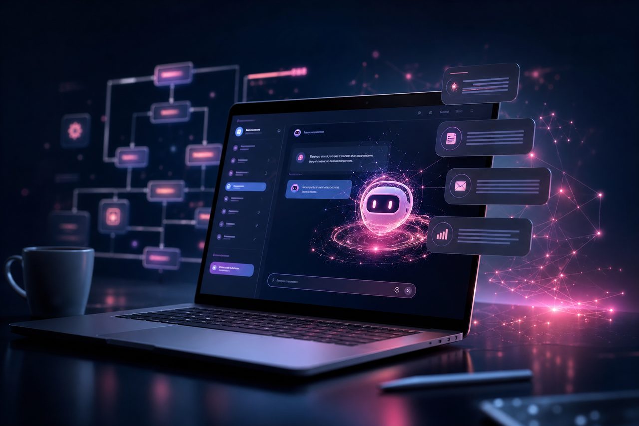 AIチャットボット・業務自動化のイメージ：ノートPC上に表示されたAIアシスタント画面